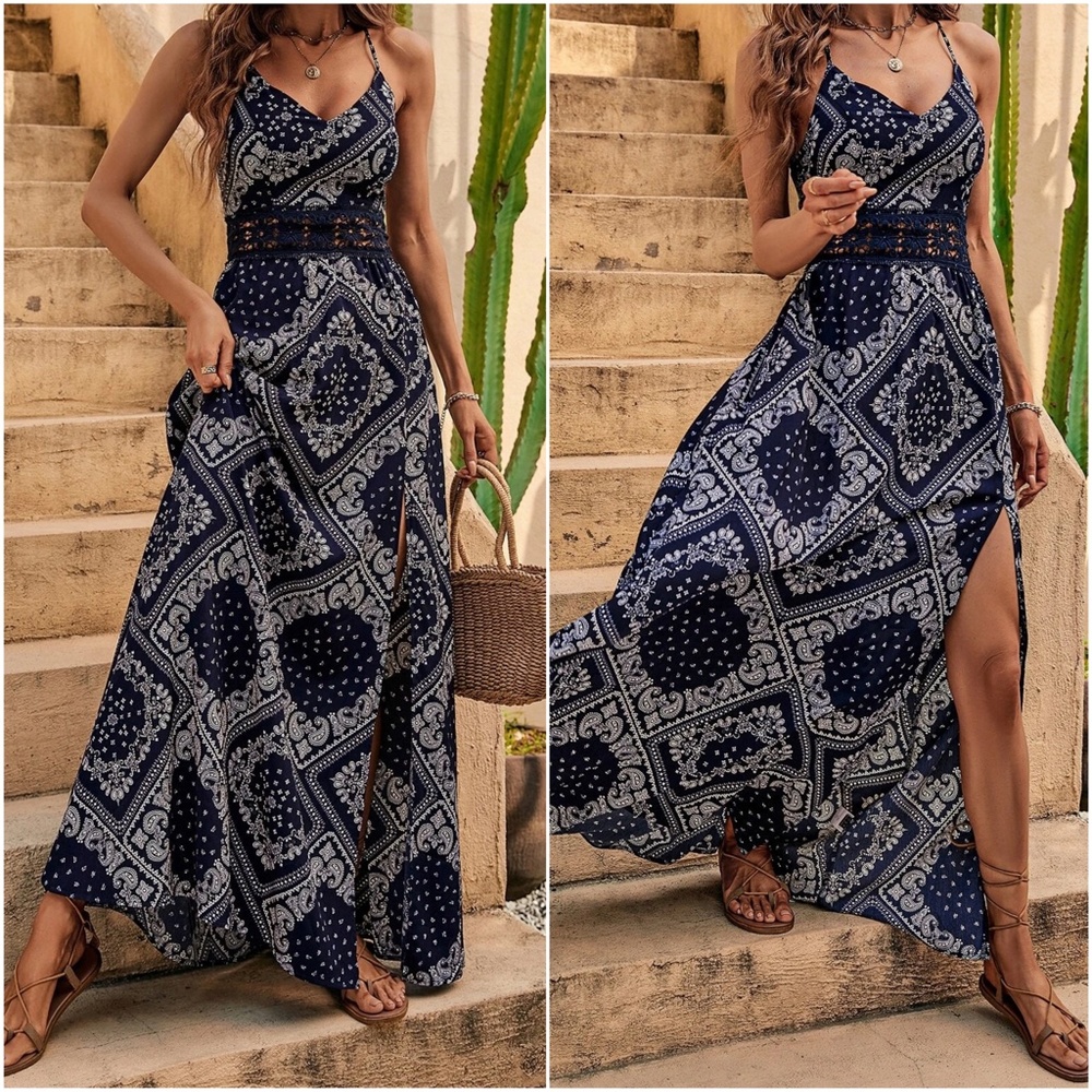 Boho Paisley Print Racerback cami Lace Maxi Dress - Picture 1 of 3